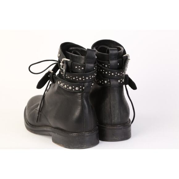 MAJE Black Leather Combat Moto Studded Lace Up Boots Booties Size 39 - Picture 9 of 13